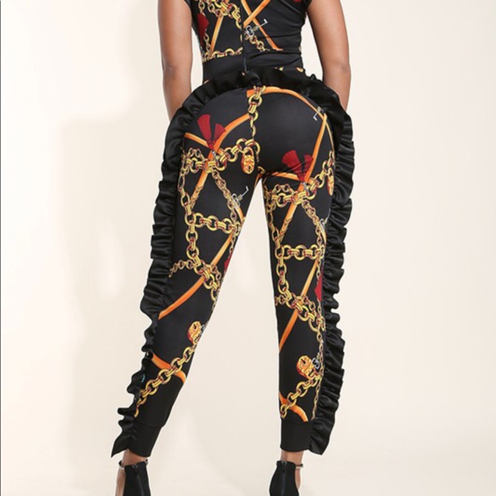 Multi Print Black Gold Chain Ruffl Jumpsuit Romper - Picture 4 of 4